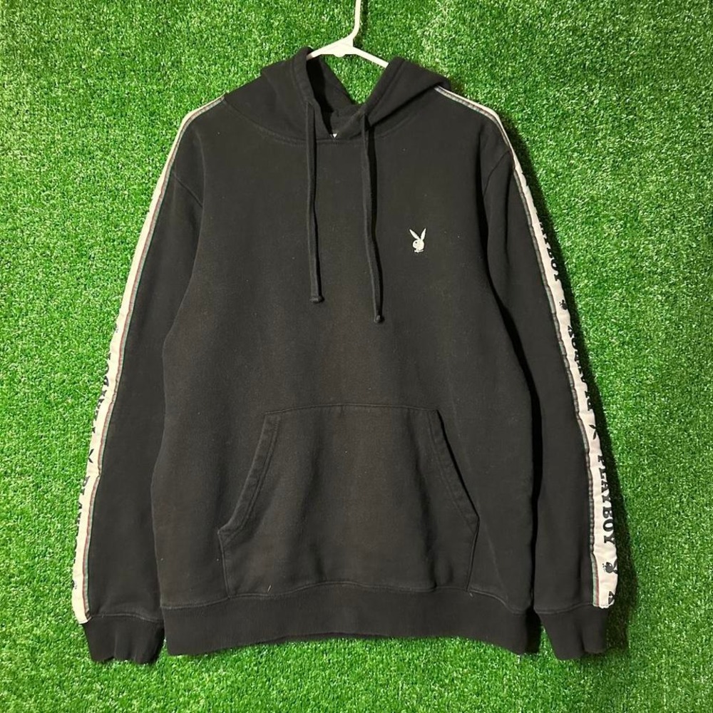 Black Playboy hoodie with white stripe and logo